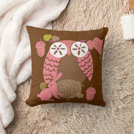 ピンクと茶色のフクロウ枕 クッション (ブランケット)
