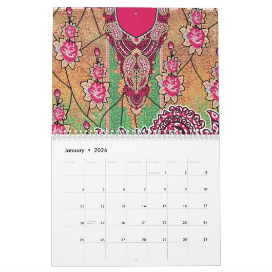 ピンクと茶色のペイズリー模様のデザイン カレンダー (1月 2026)