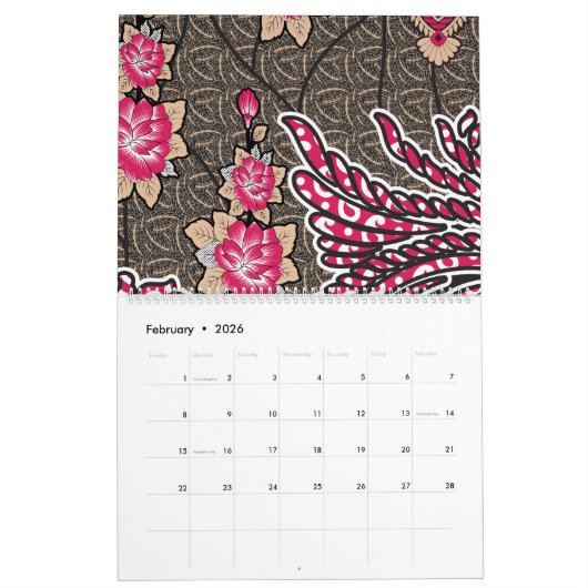 ピンクと茶色のペイズリー模様のデザイン カレンダー (2月 2026)