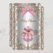 ピンクと茶色のレースの赤ちゃんシャワー 招待状 (正面/裏面)
