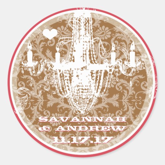 ピンクと茶色のヴィンテージダマスクシャンデリアのシール ラウンドシール (正面)