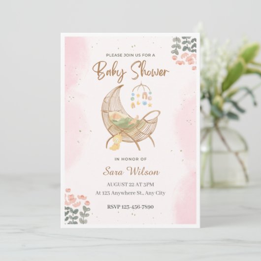 ピンクと茶色の例示的な赤ちゃんシャワー招待状 招待状 (スタンド正面)