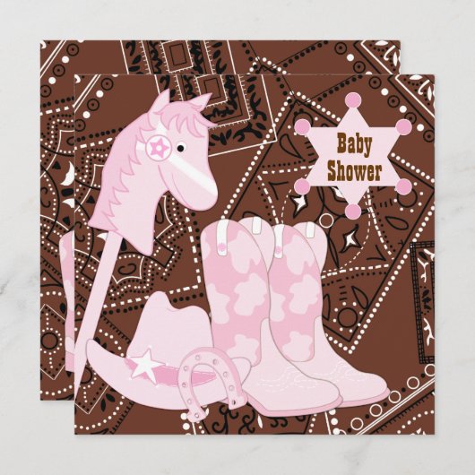 ピンクと茶色の女性のカーボーイ赤ちゃんシャワー 招待状 (正面/裏面)