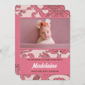 ピンクと茶色の少女のバプテスマ写真 招待状 (正面/裏面)