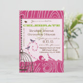 ピンクと茶色の木目の愛の鳥アップルグリーン 招待状 (スタンド正面)