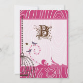 ピンクと茶色の木目の愛の鳥アップルグリーン 招待状 (裏面)