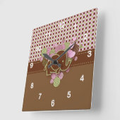 ピンクと茶色の格子模様の背景を持つゾウ スクエア壁時計 (傾斜)