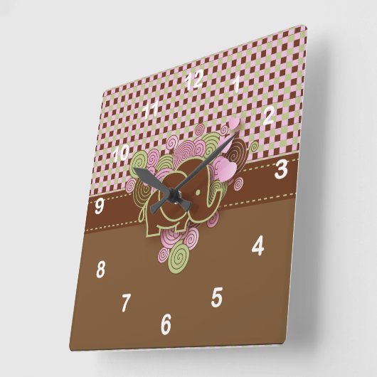ピンクと茶色の格子模様の背景を持つゾウ スクエア壁時計 (傾斜)