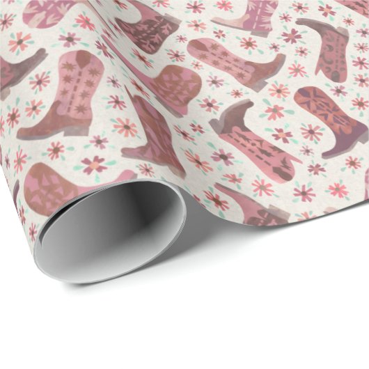 ピンクと茶色の花で女性のカーボーイブーツをペーパーカット ラッピングペーパー (ロールコーナー)