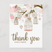 ピンクと茶色の花とバードケージのサンキューカード ポストカード (正面)