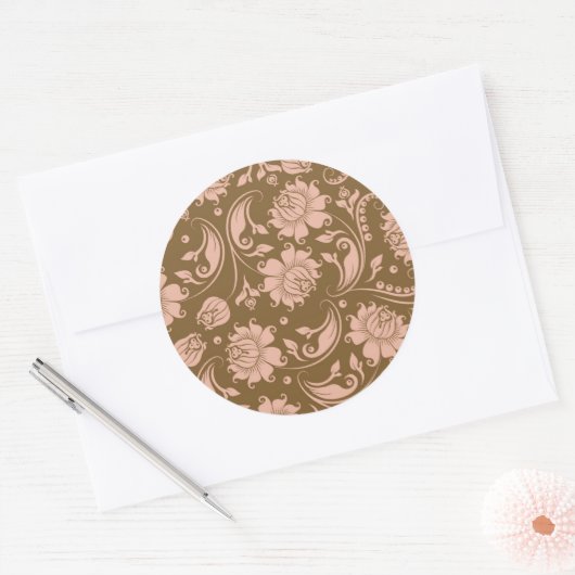 ピンクと茶色の花の模様 ラウンドシール (封筒)