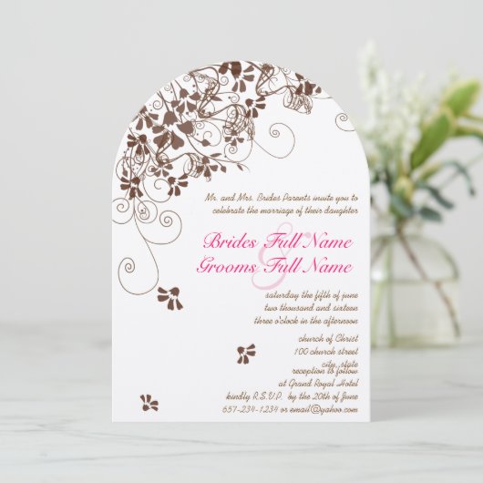 ピンクと茶色の花の渦巻き結婚式招待状 招待状 (スタンド正面)