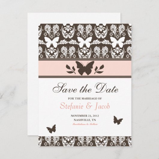 ピンクと茶色の蝶が日付はがきを保存 案内ポストカード (正面/裏面)