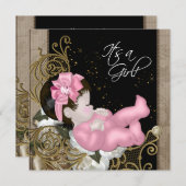 ピンクと茶色の赤ちゃんシャワー 招待状 (正面/裏面)