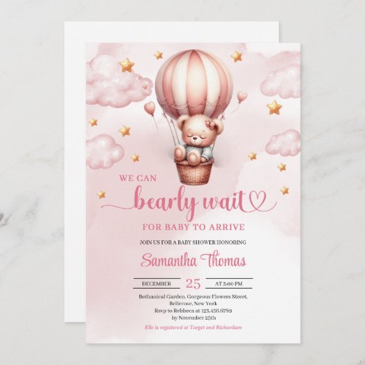 ピンクと茶色のbearly wait女の子の赤ちゃんシャワー 招待状 (正面/裏面)