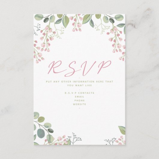 ピンクと葉緑のと花「RSVP」カード エンクロージャーカード (正面)