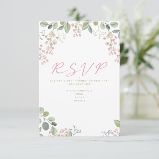 ピンクと葉緑のと花「RSVP」カード エンクロージャーカード (スタンド正面)