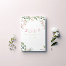 ピンクと葉緑のと花「RSVP」カード