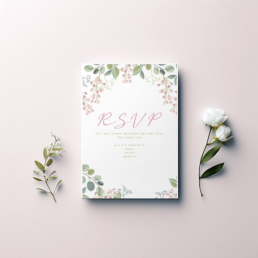 ピンクと葉緑のと花「RSVP」カード エンクロージャーカード