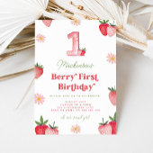 ピンクと赤いちごデイジーベリーファースト誕生日 招待状