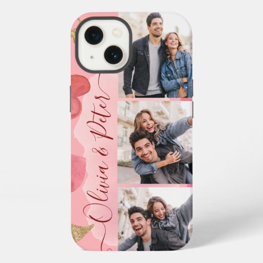 ピンクと赤いハートのカップル名3枚の写真愛 iPhoneケース (裏面)