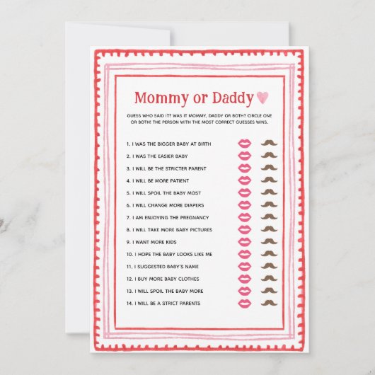 ピンクと赤いハートのママまたはパパのゲーム 招待状 (正面)