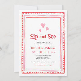 ピンクと赤いハートの新生児Sipと参照 招待状