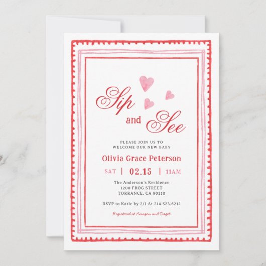 ピンクと赤いハートの新生児sipとSee Girl 招待状 (正面)