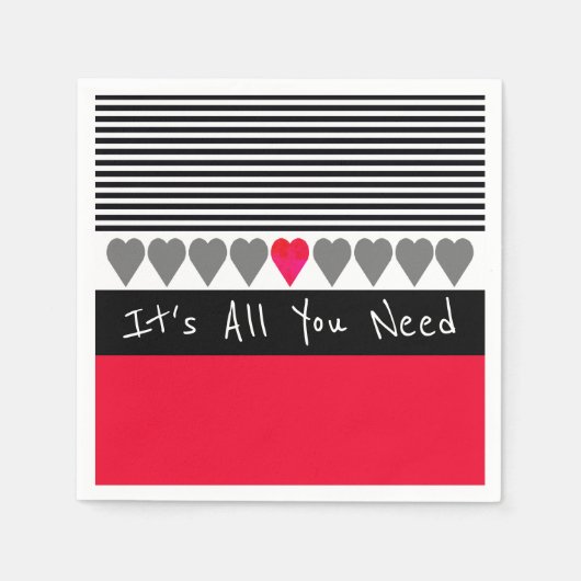 ピンクと赤いハートアクセント スタンダードカクテルナプキン (正面)