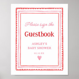 ピンクと赤いハートゲストブックサイン ポスター
