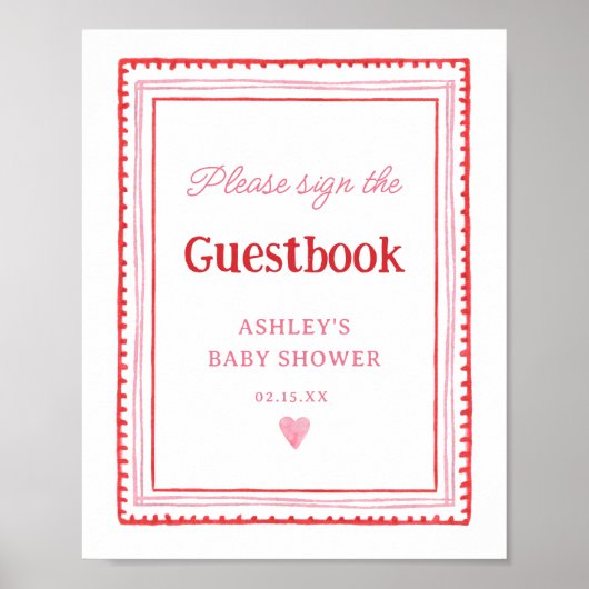 ピンクと赤いハートゲストブックサイン ポスター (正面)