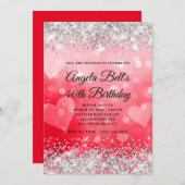 ピンクと赤いハートシルバーグリッター40th誕生日 招待状 (正面/裏面)