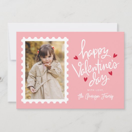 ピンクと赤いハートスタンプ写真バレンタインデー シーズンカード (正面)