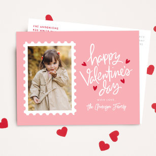 ピンクと赤いハートスタンプ写真バレンタインデー シーズンポストカード