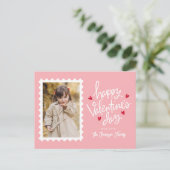 ピンクと赤いハートスタンプ写真バレンタインデー シーズンポストカード (スタンド正面)