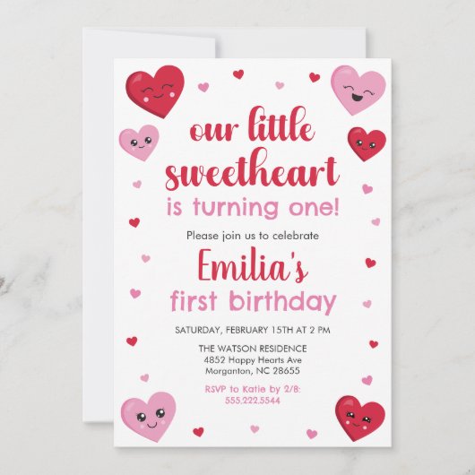 ピンクと赤いハートズ私たちのリトルスウィートアート誕生日 招待状 (正面)