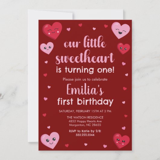 ピンクと赤いハートズ私たちのリトルスウィートアート誕生日 招待状 (正面)