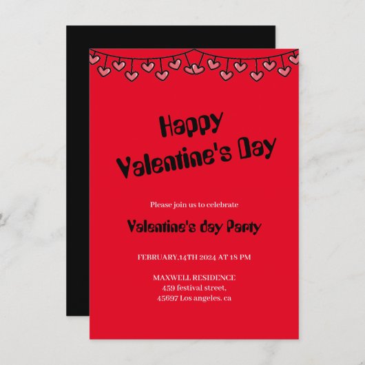 ピンクと赤いハートハッピーバレンタインデー 招待状 (正面/裏面)