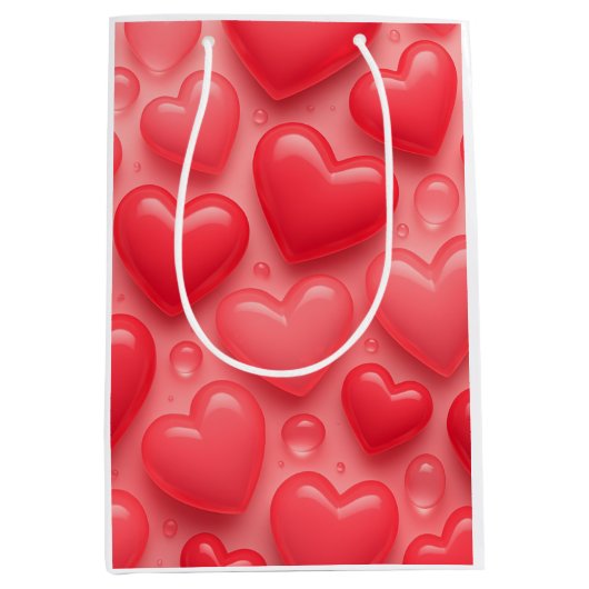 ピンクと赤いハートバブルパターン ミディアムペーパーバッグ (正面)