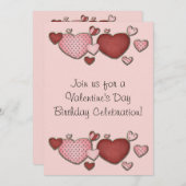 ピンクと赤いハートバレンタインデー誕生日パーティー 招待状 (正面/裏面)