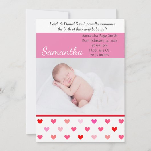 ピンクと赤いハートバレンタインデー誕生 案内状 (正面)