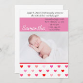 ピンクと赤いハートバレンタインデー誕生 案内状 (正面/裏面)