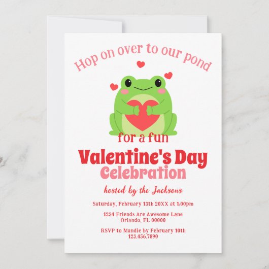 ピンクと赤かわいいカエルのバレンタインデーパーティー 招待状 (正面)