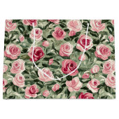 ピンクと赤と緑のバラの花の花嫁のシャワー ラージペーパーバッグ (正面)