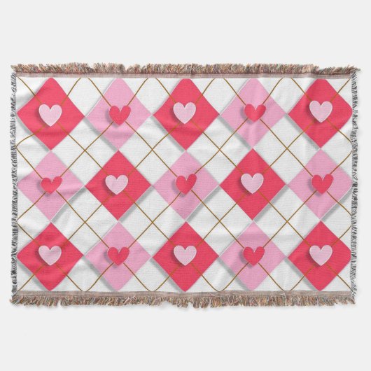 ピンクと赤のアーガイルハート スローブランケット (正面)