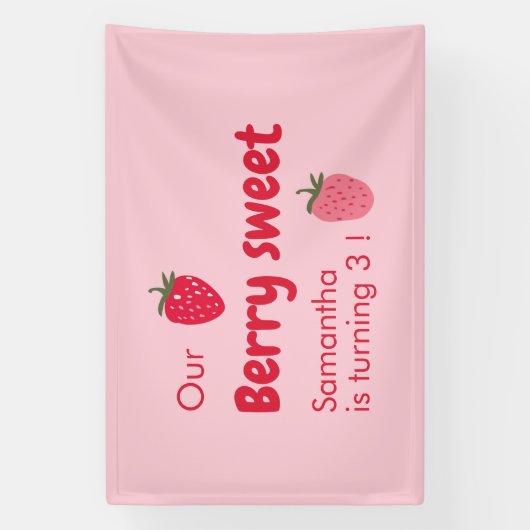 ピンクと赤のイチゴの誕生日パーティー 横断幕 (縦)