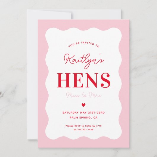 ピンクと赤のウェーブヘンウィークエンドパーティー 招待状 (正面)