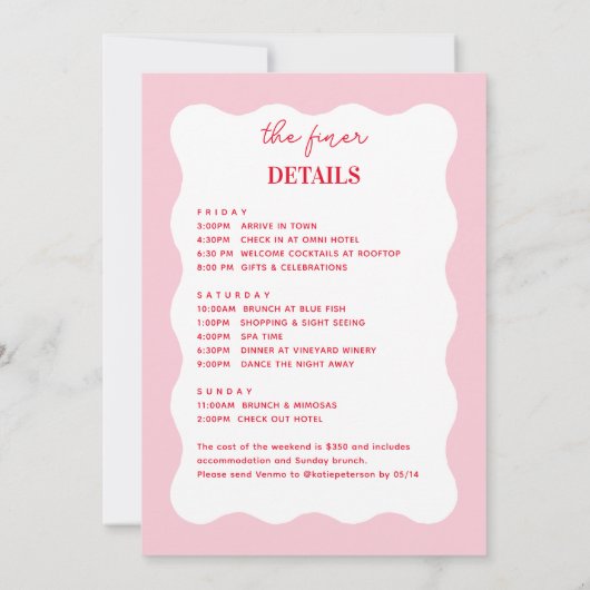 ピンクと赤のウェーブヘンウィークエンドパーティー 招待状 (裏面)