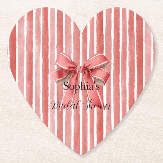 ピンクと赤のキャンディケインのストライプのリボン 結婚前のお祝い ペーパーコースター (正面)