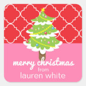 ピンクと赤のクリスマスツリーのギフトシール スクエアシール (正面)